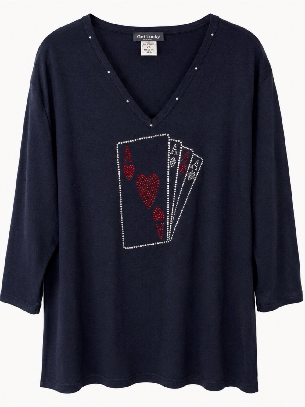 Get Lucky USA Plus Size 2X Black Rhinestone Playing Cards Tunic Top Casino Vegas